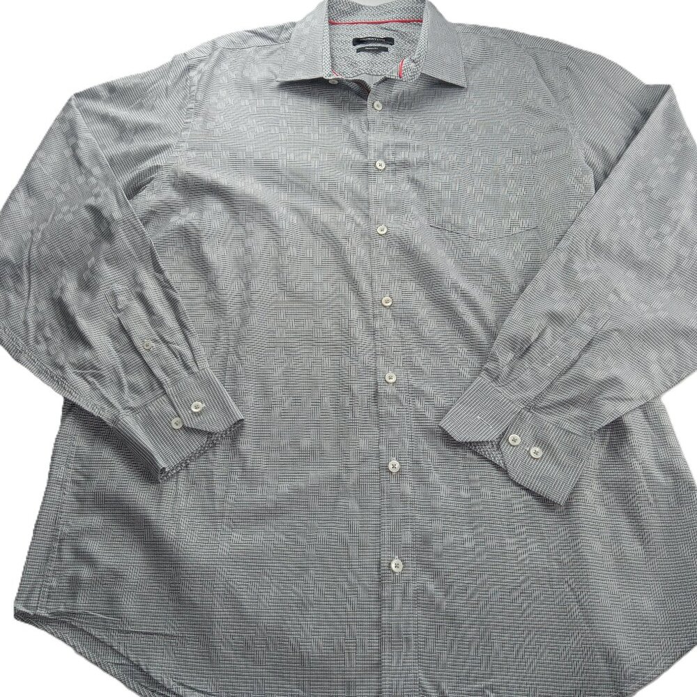 Bugatchi Men's Button Front Dress Shirt Size XL Gray White Check Flip Cuffs